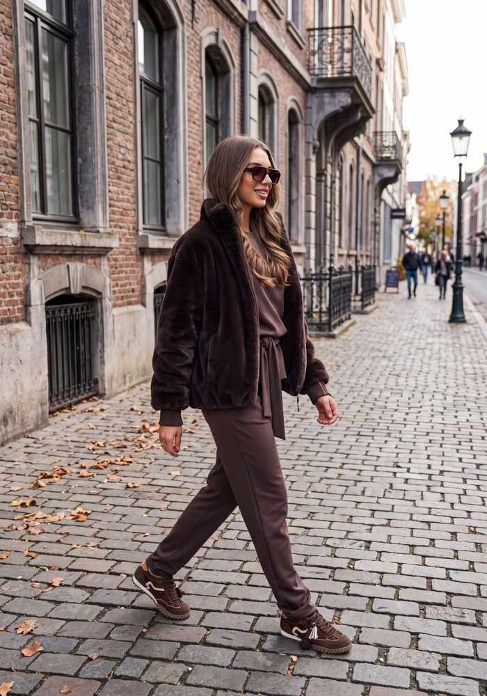 Woman in brown fur coat with joggers and sneakers casual outfit