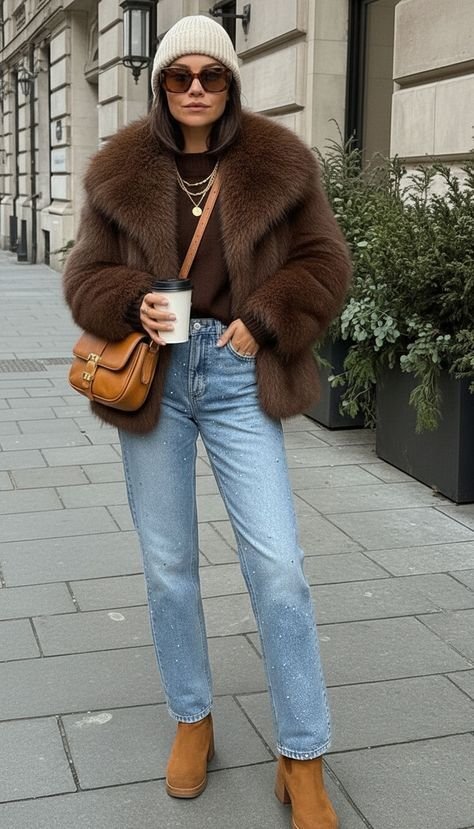 Woman in brown faux fur coat with beanie scarf and jeans winter