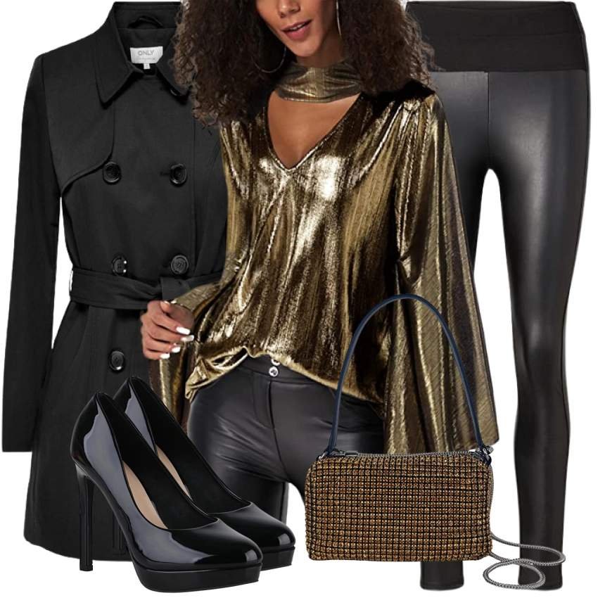 Woman in black trench coat with gold sequin top