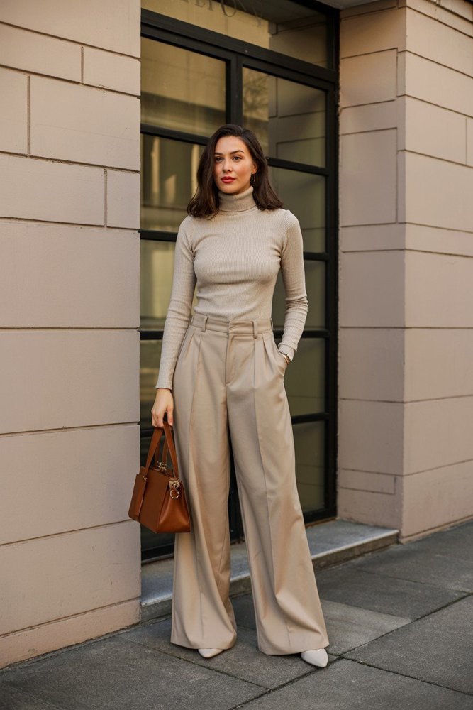 Woman in black trench coat with beige turtleneck and wide-leg trousers