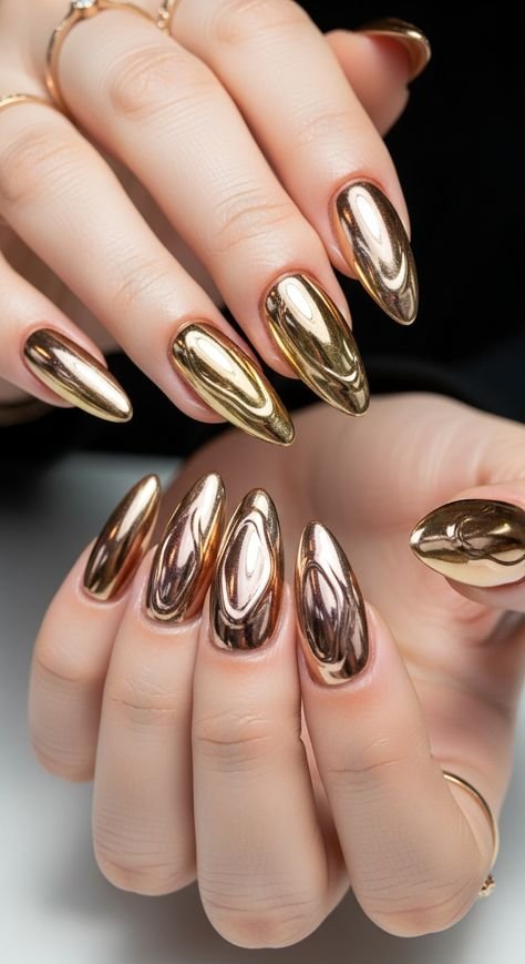 Liquid gold chrome Christmas nails