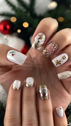 White nails with gold flake confetti