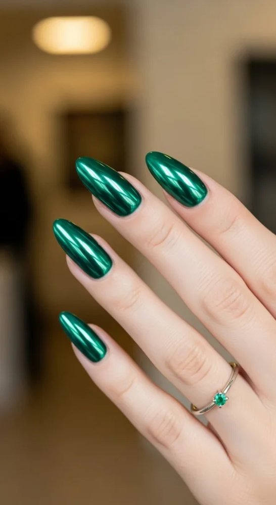 Green chrome Christmas nails