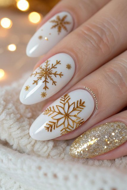 Ivory nails with delicate gold snowflakes