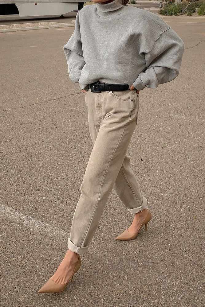 Fitted turtleneck with relaxed green cargo pants