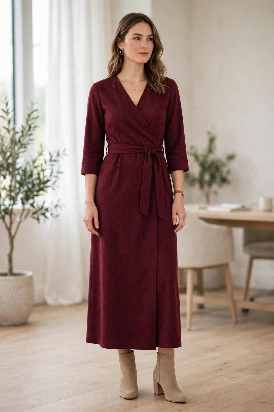 Burgundy wrap dress work outfit