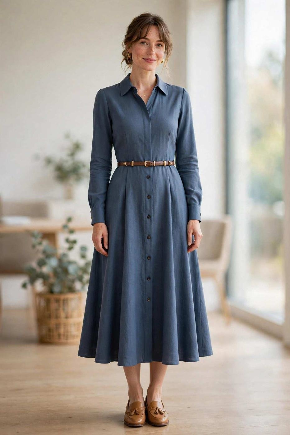 Long sleeve fit and flare work dress