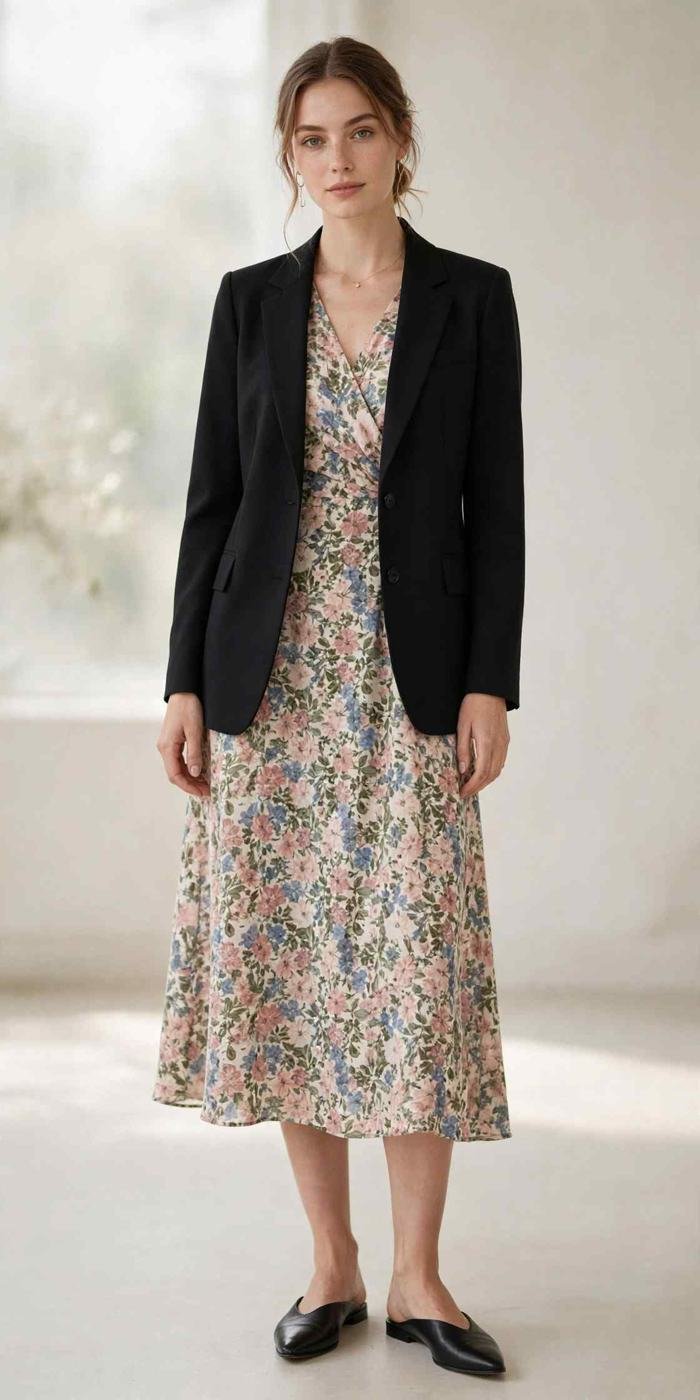 Black blazer over floral midi dress