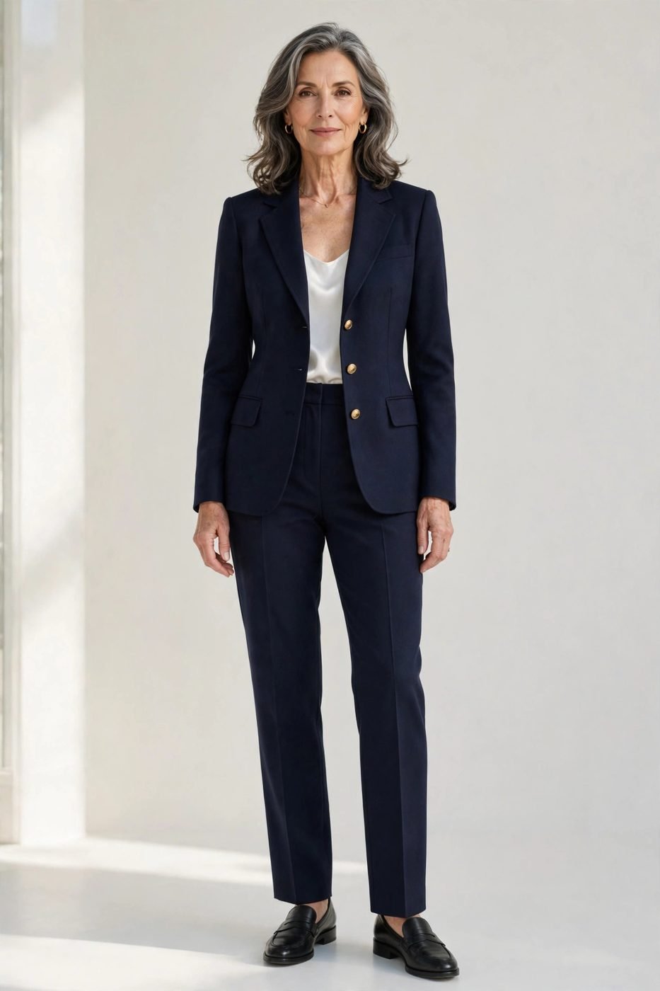 Tailored navy blazer with straight-leg trousers