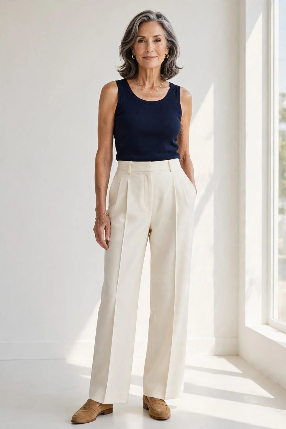 Cream wide-leg trousers elegant outfit