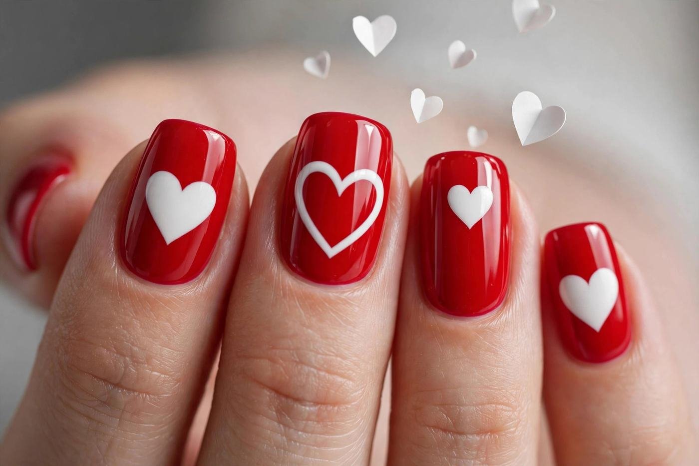 White hearts on glossy red nails