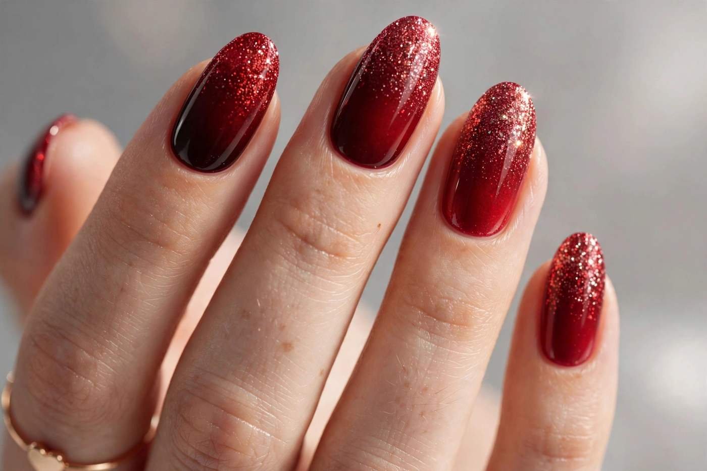 Red ombre nails with glitter fade tips