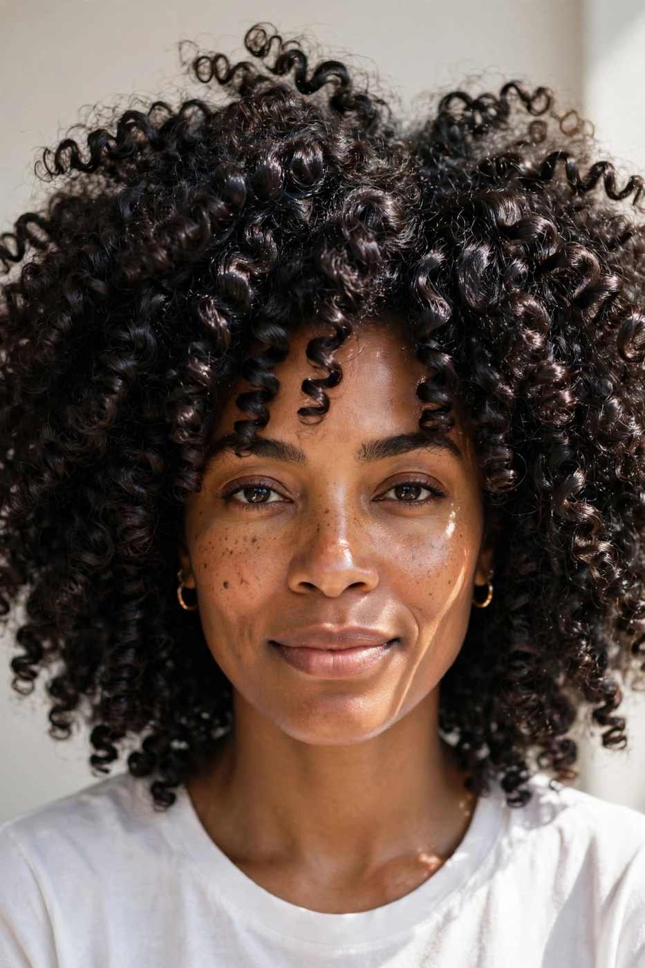 Woman with natural afro curls wash and go