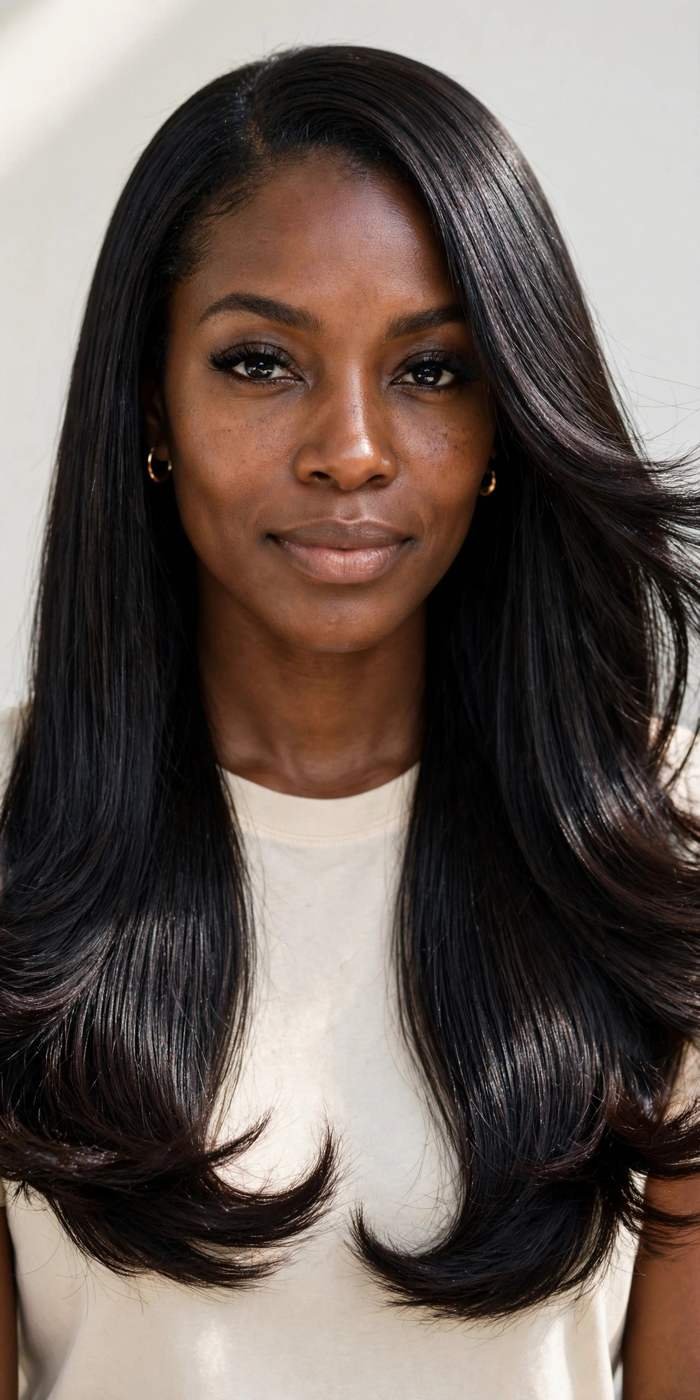 Silk pressed straight hair with flipped ends
