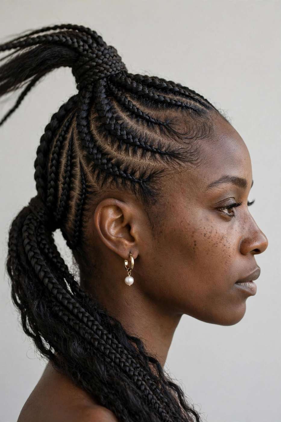 Cornrowed high ponytail side profile