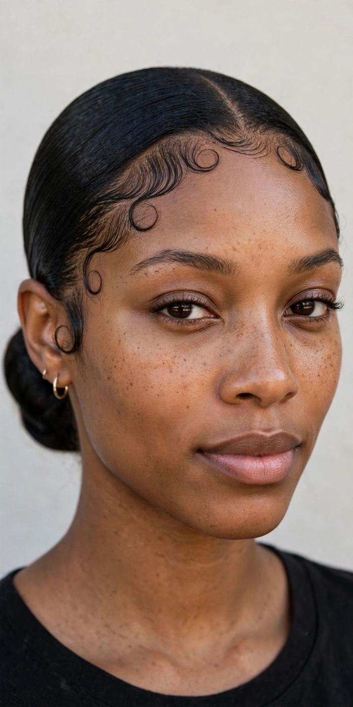 Low sleek bun with laid edges