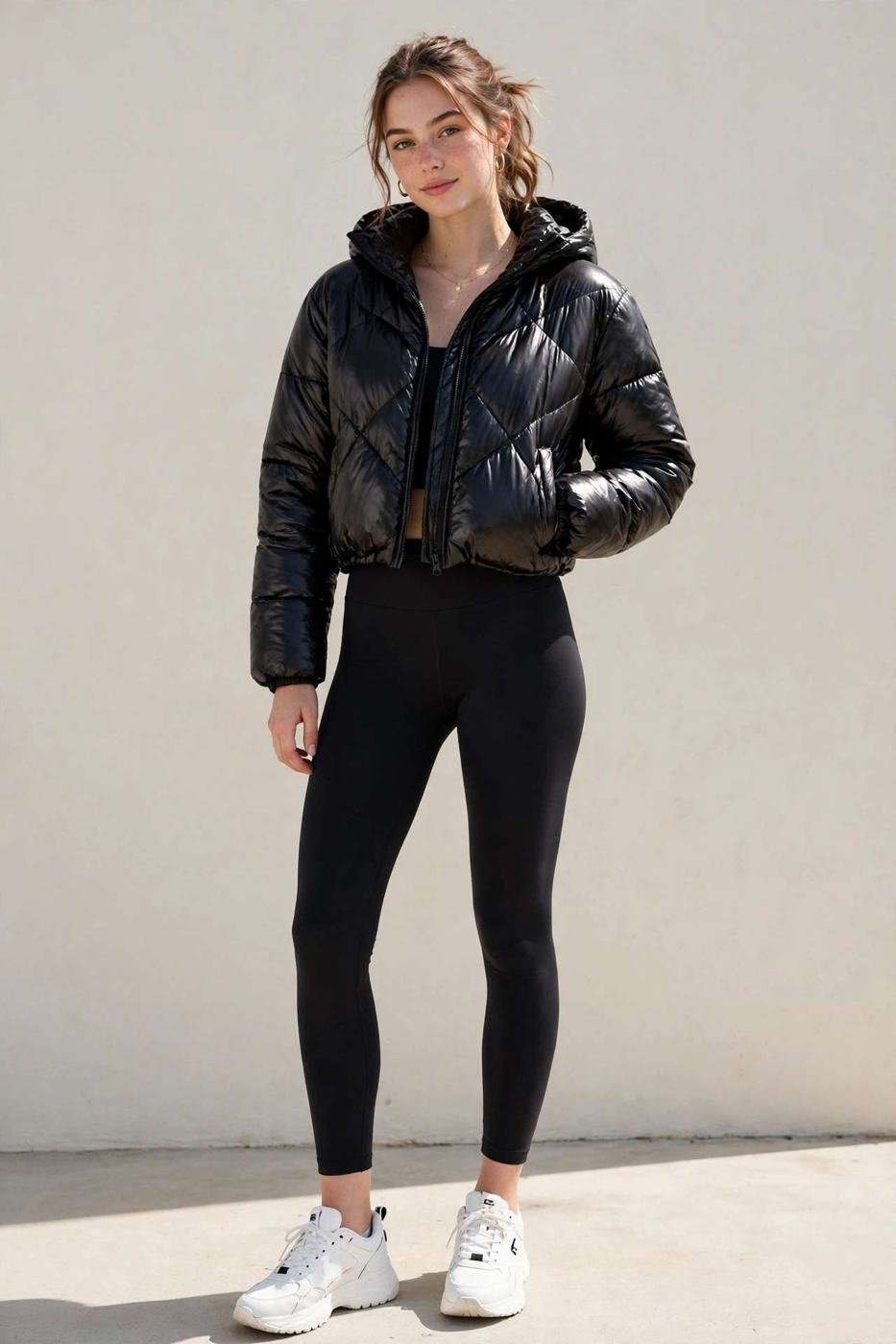 Woman in cropped gray puffer jacket