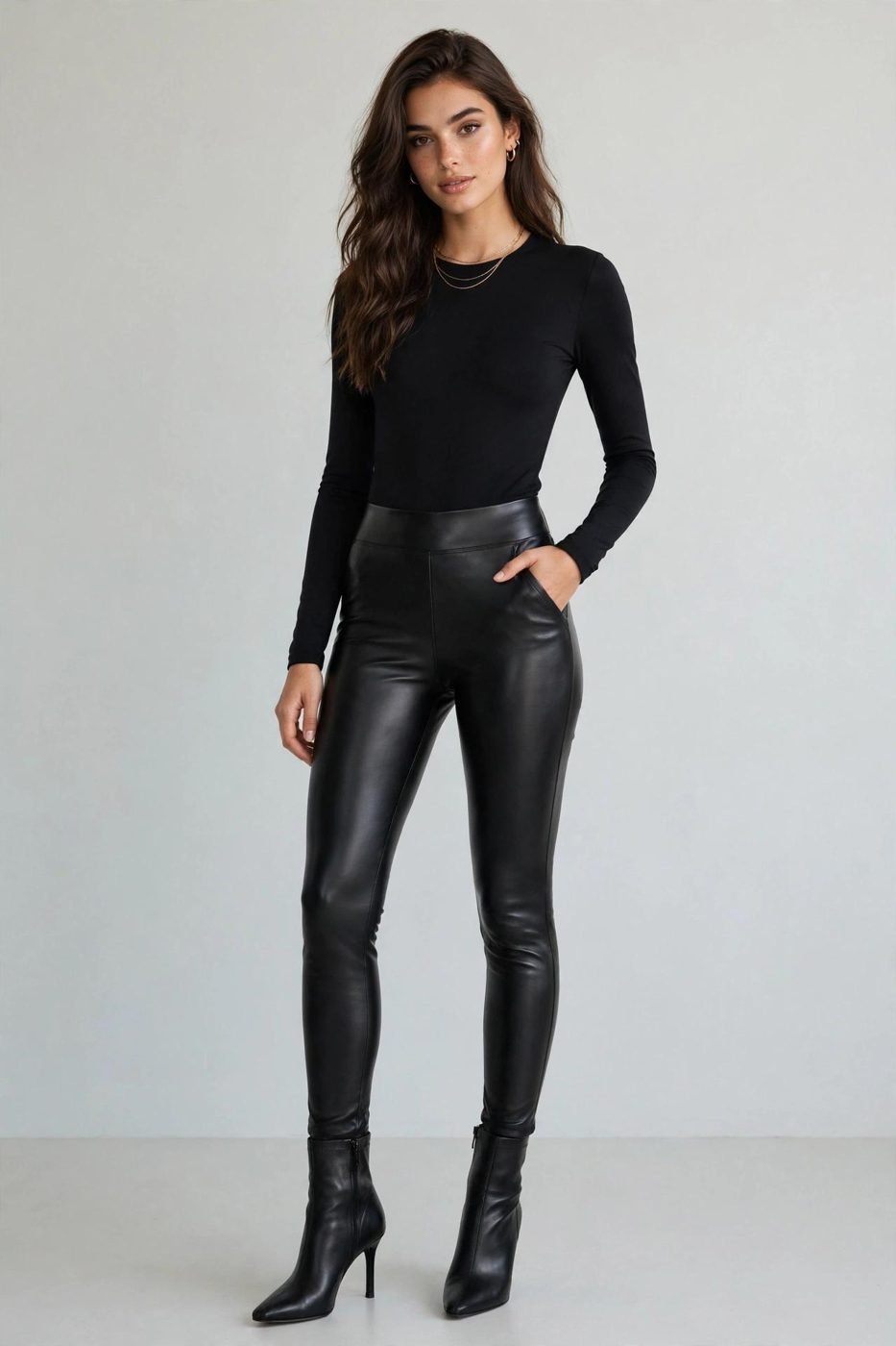 Woman in bodysuit and leather jacket