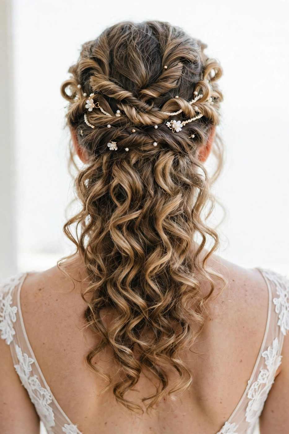 Half-up curly wedding hairstyle with twisted crown
