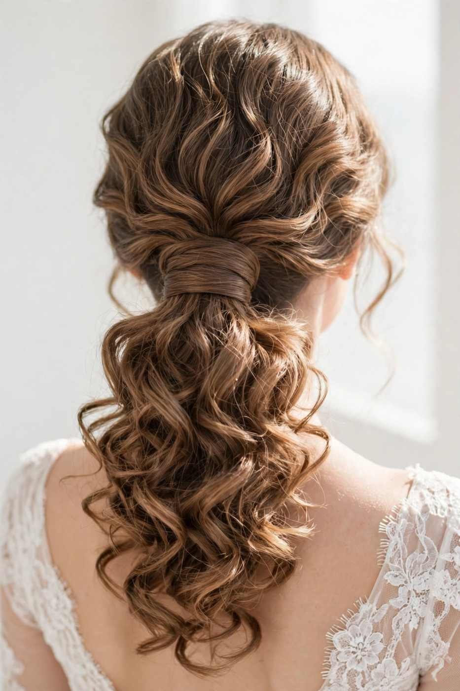 Curly low ponytail wedding hairstyle with wrapped base