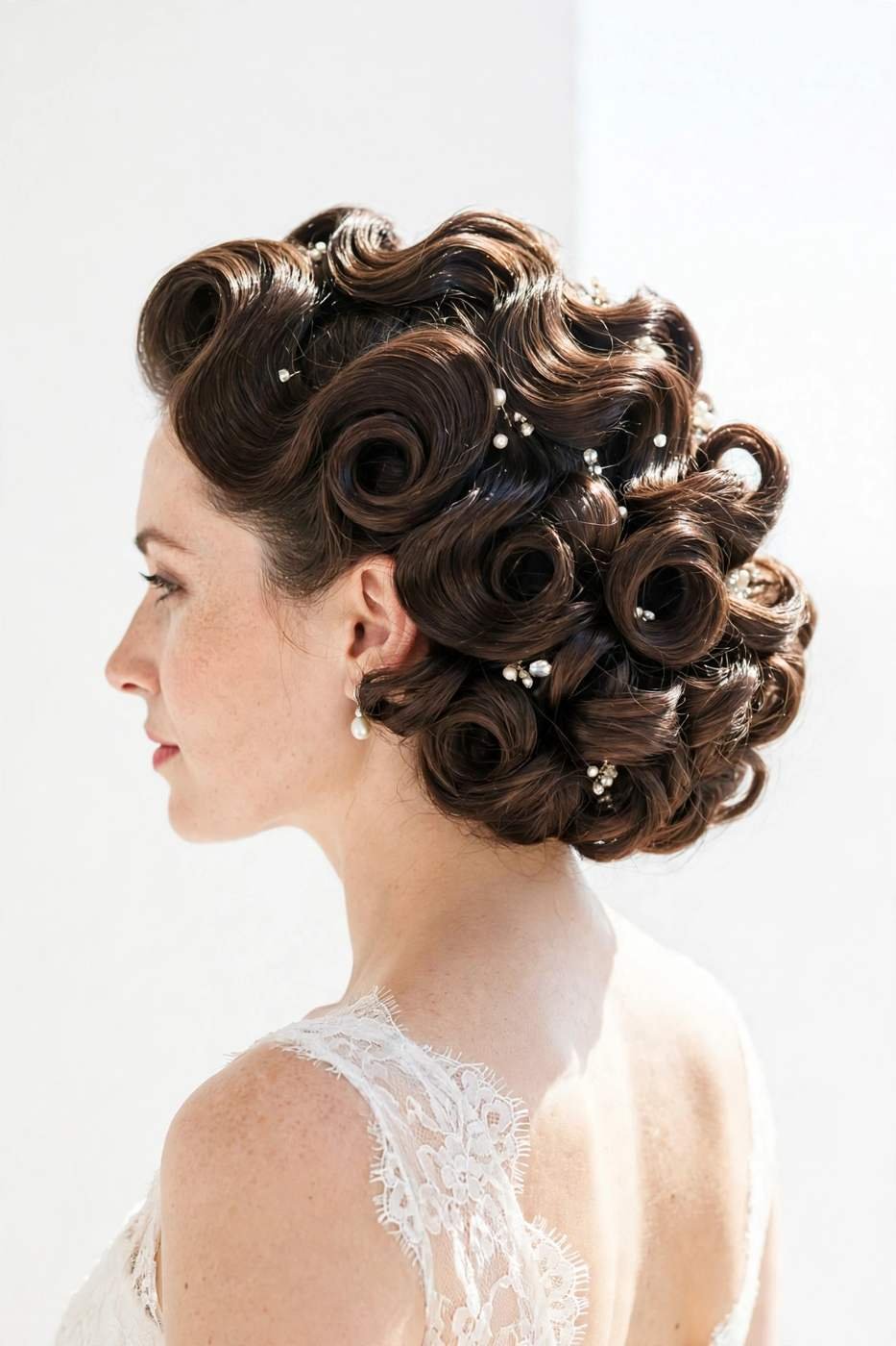 Vintage-inspired curly wedding updo with side sweep