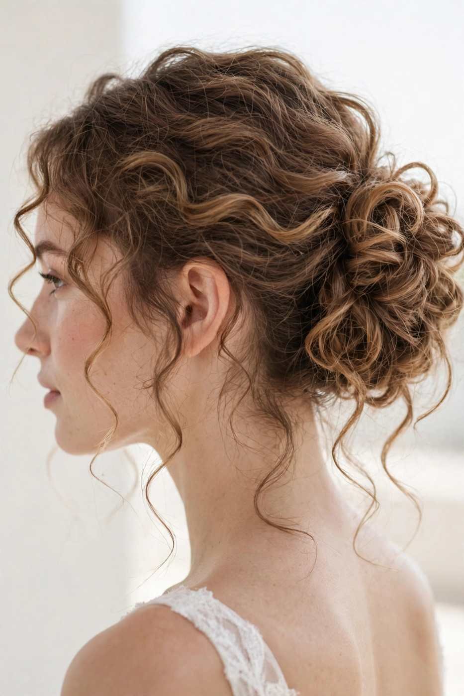 Loose curly bun with face-framing tendrils for wedding