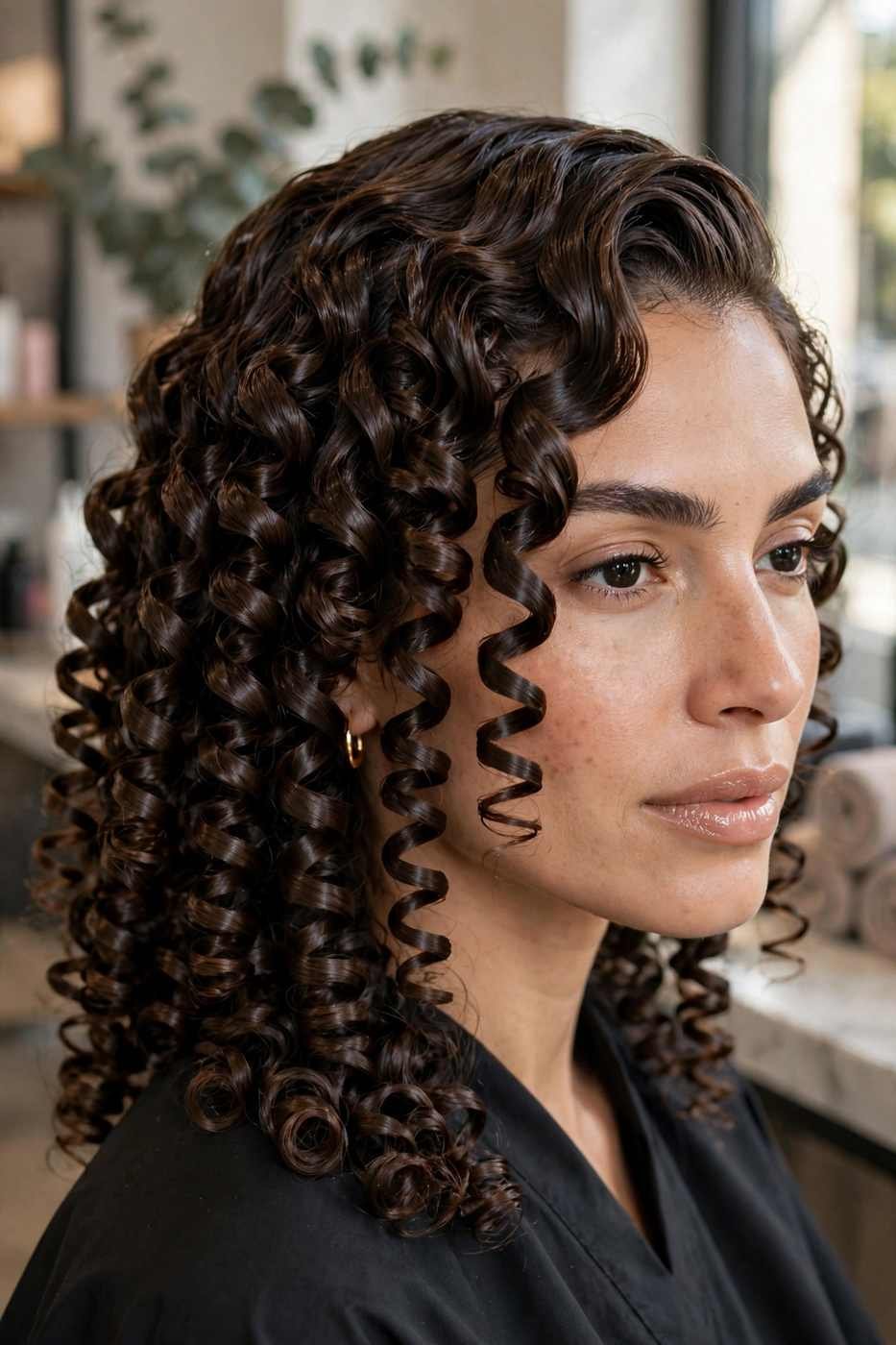 Defined ringlets bridal hairstyle with deep side part