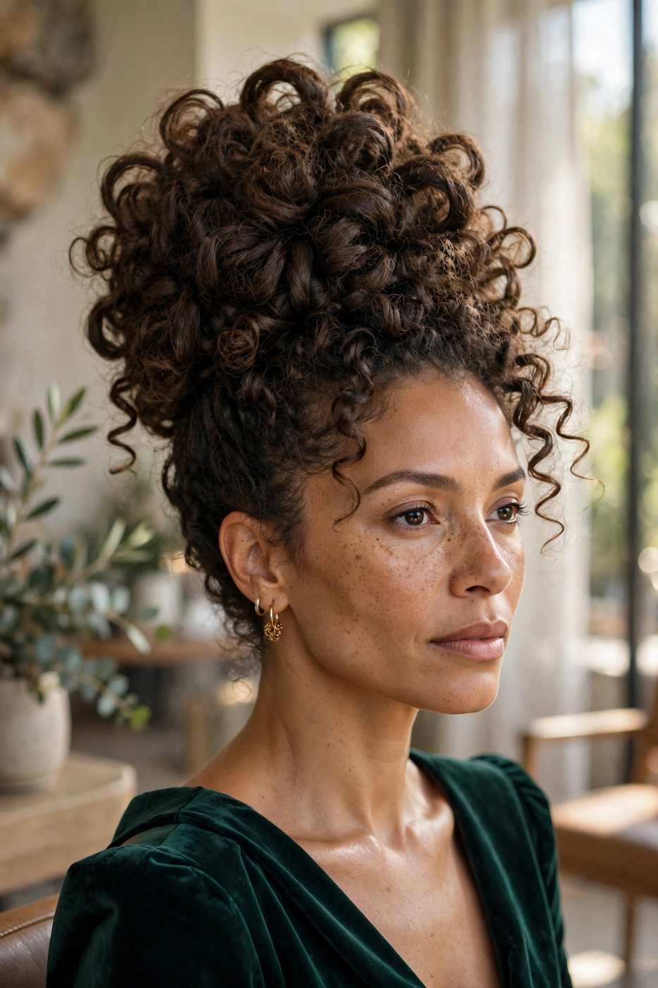 Textured curly high bun wedding hairstyle