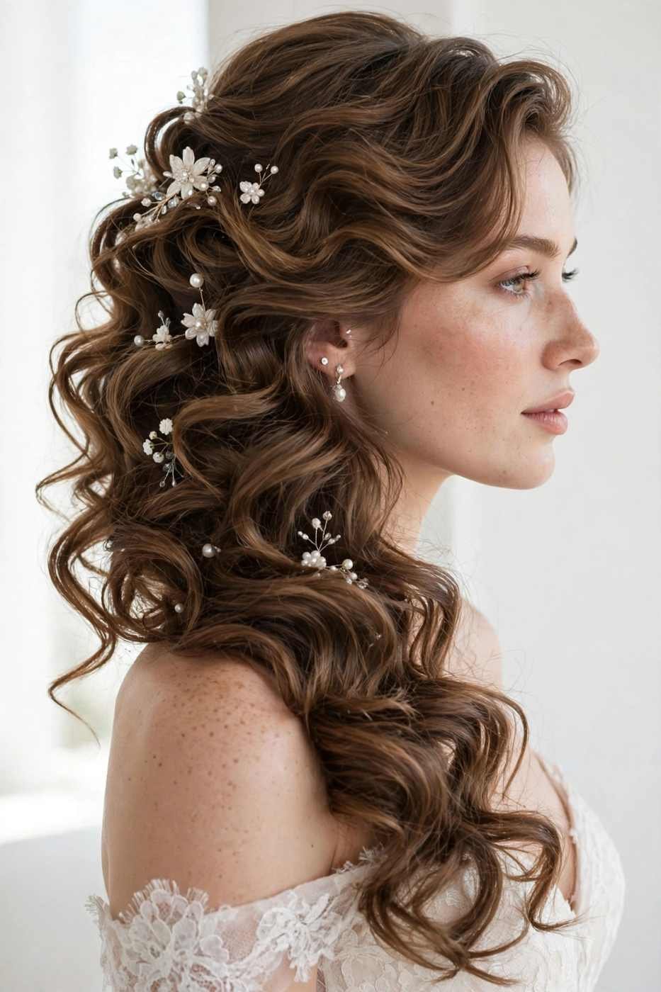 Side-swept curly glamour wedding hairstyle