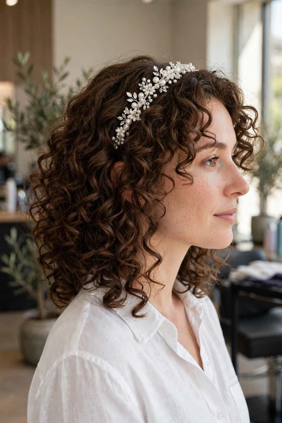 Bouncy curly lob with bridal headband