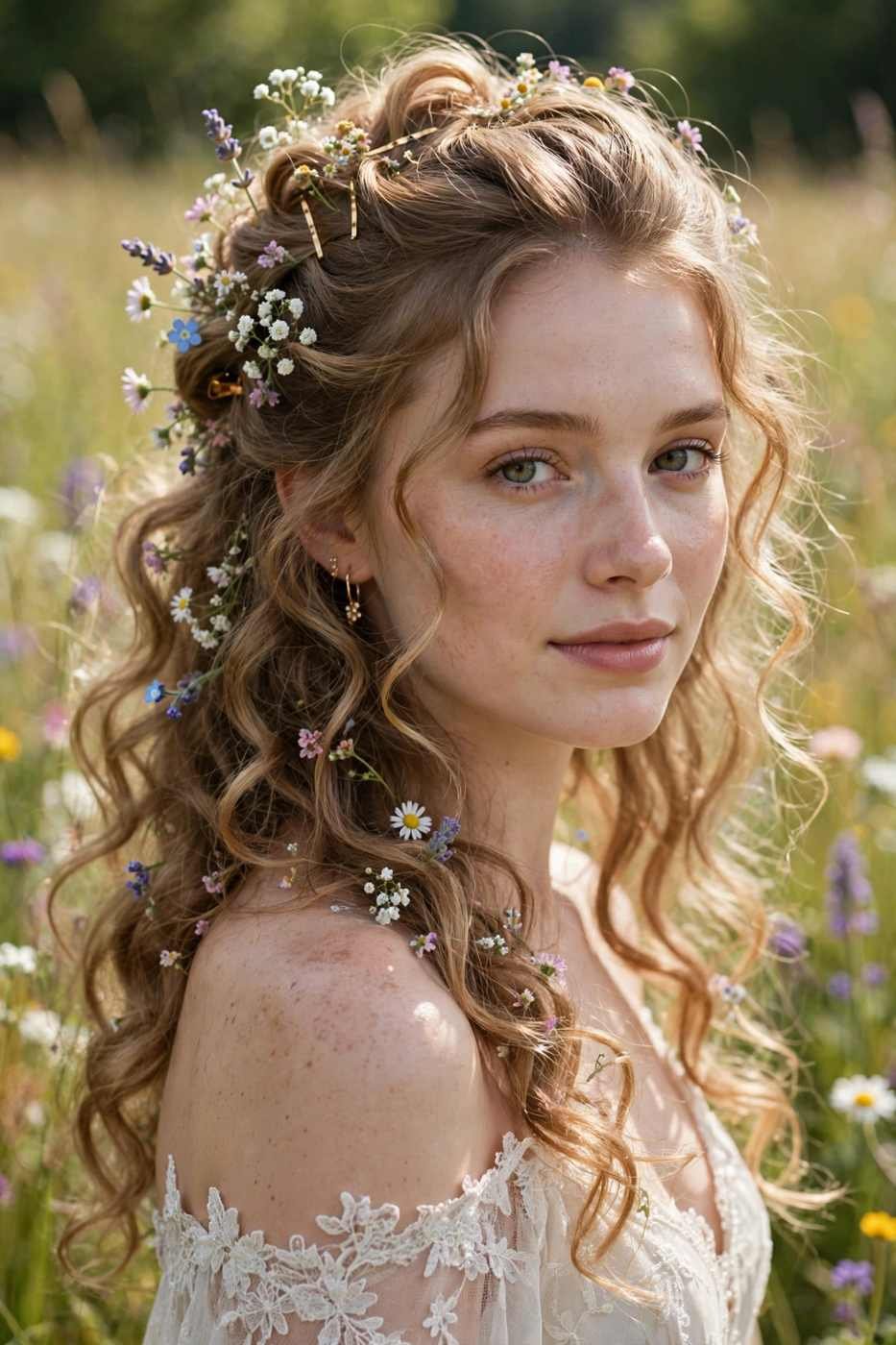 Wildflower half-up curly bridal hairstyle