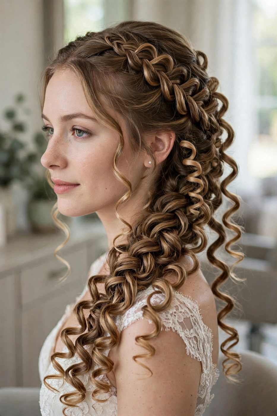 Curly waterfall braid wedding hairstyle
