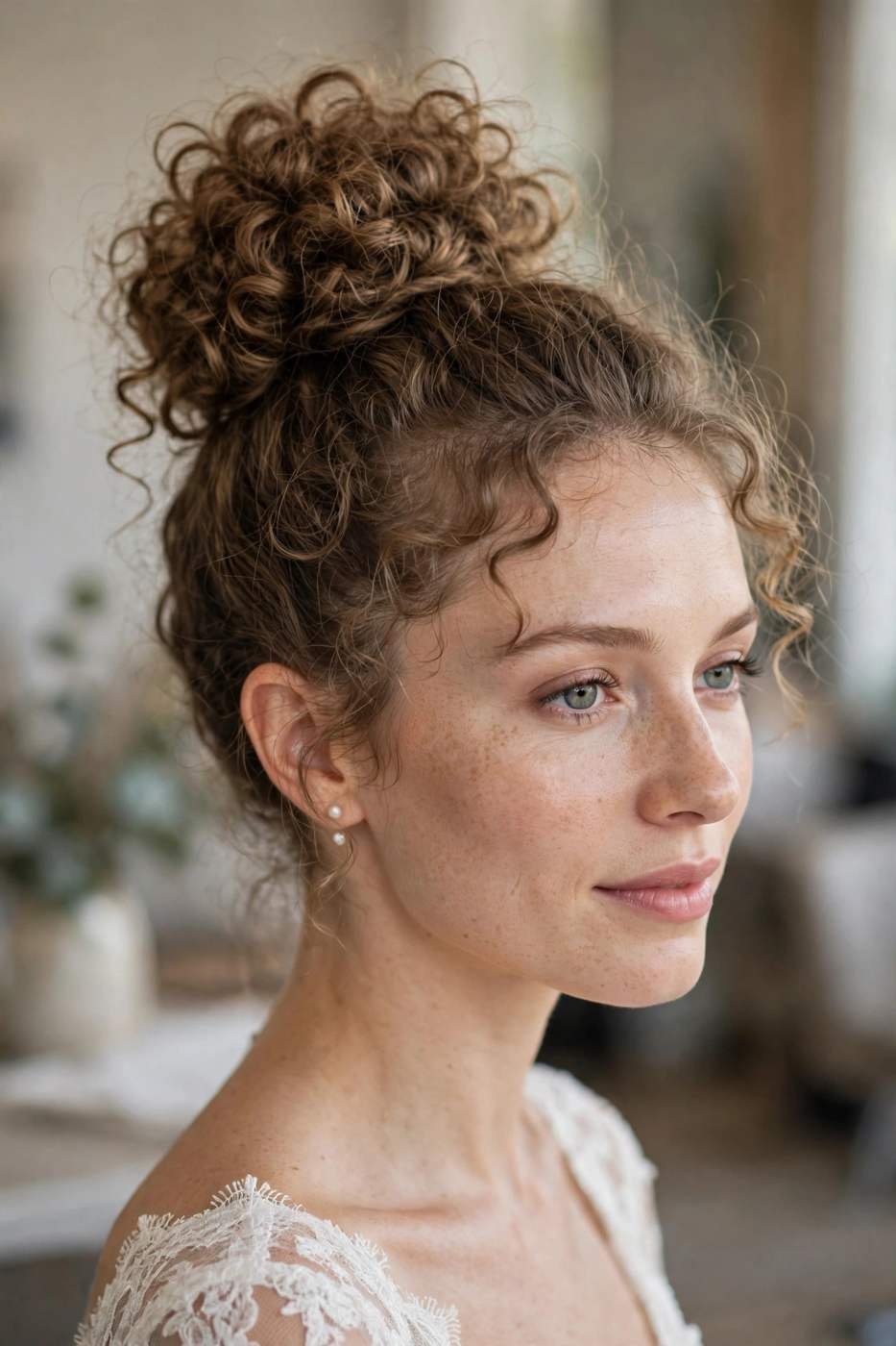 Curly top knot wedding hairstyle with wispy edges