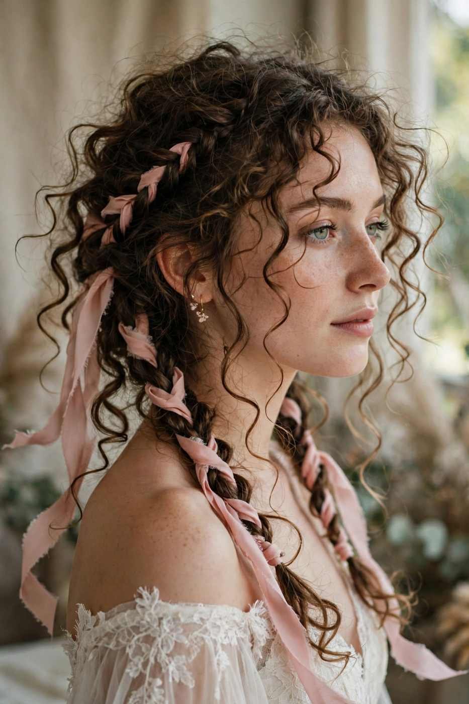 Bohemian curly braids with ribbon for wedding