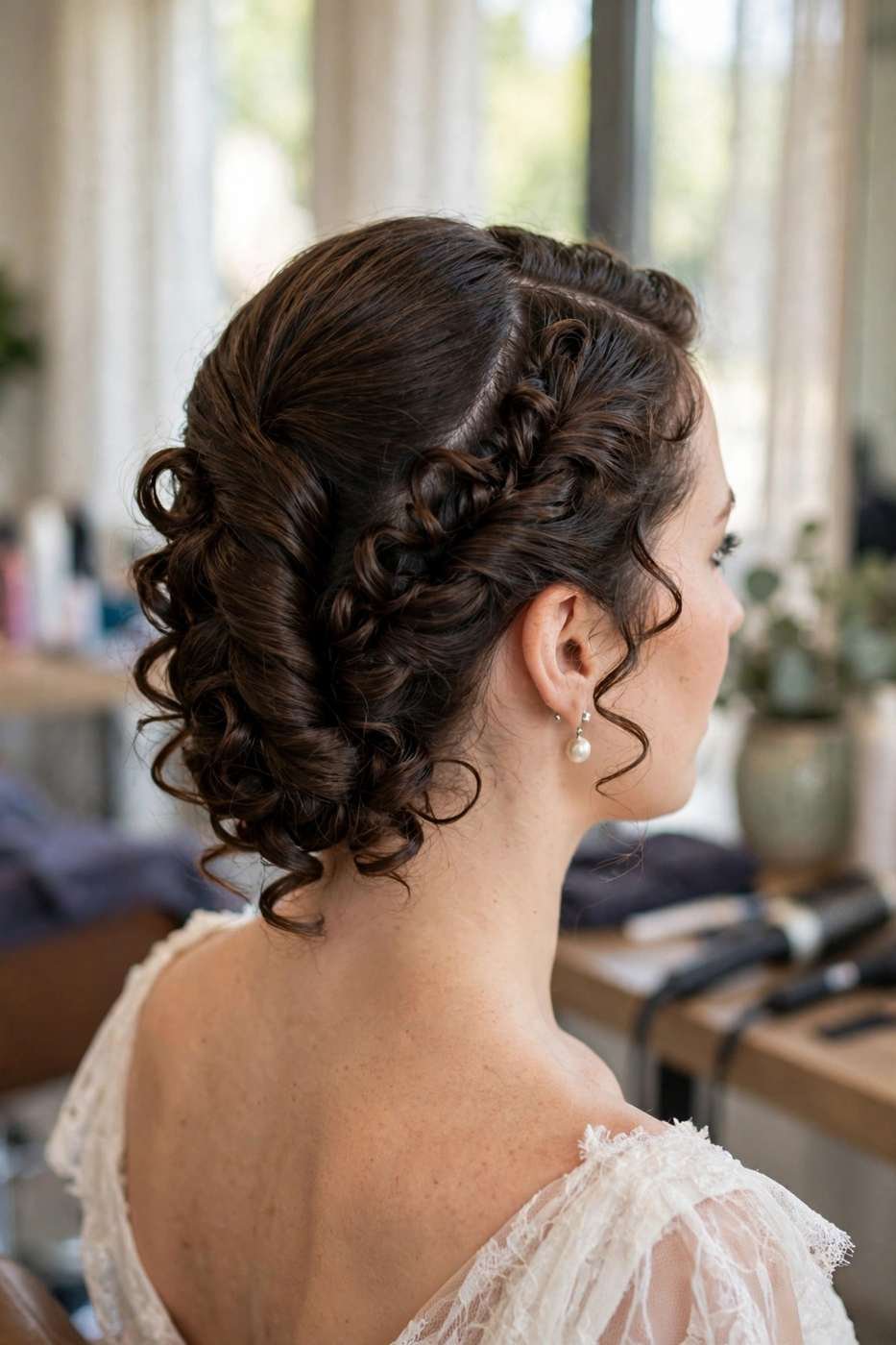 Polished curly French twist bridal hairstyle
