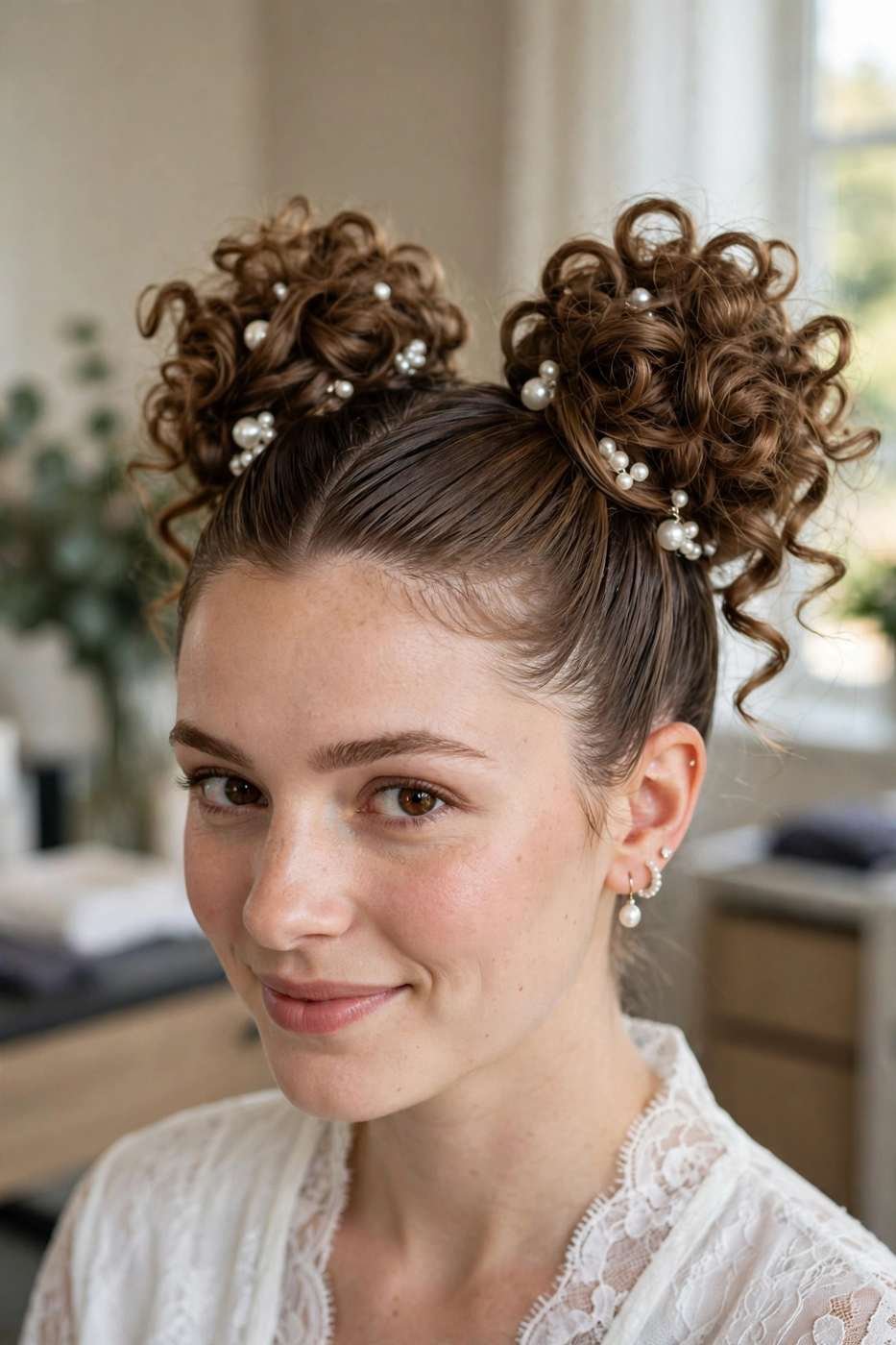 Curly space buns bridal wedding hairstyle