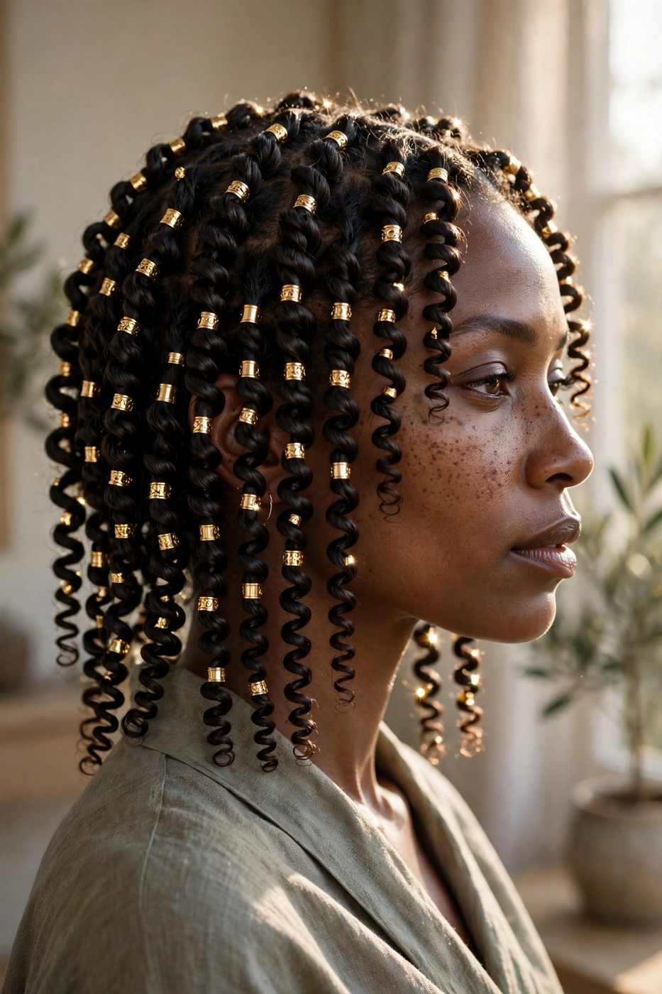 Finger coils bridal hairstyle with gold cuffs