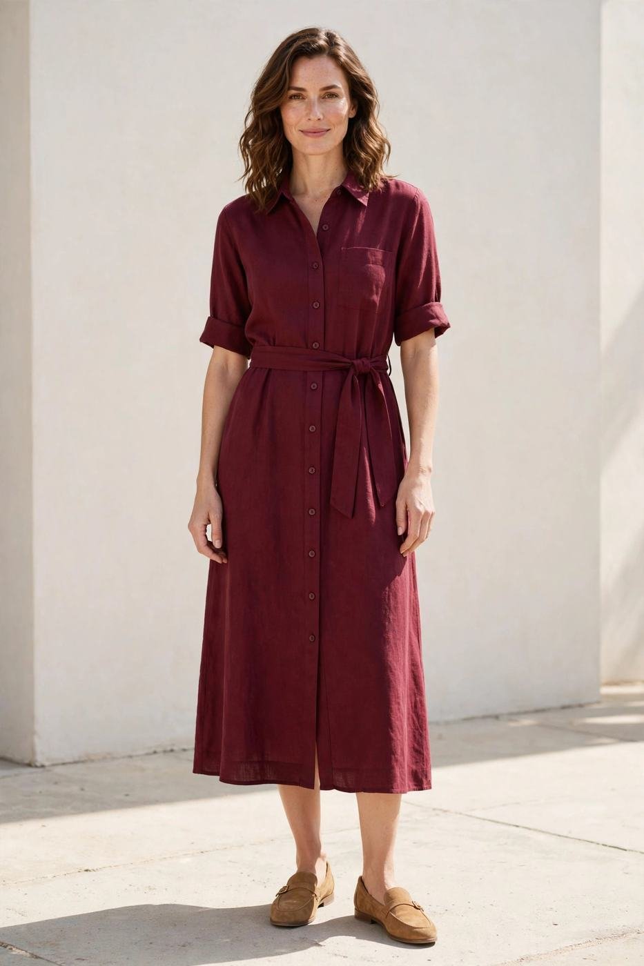 Burgundy midi shirt dress with loafers