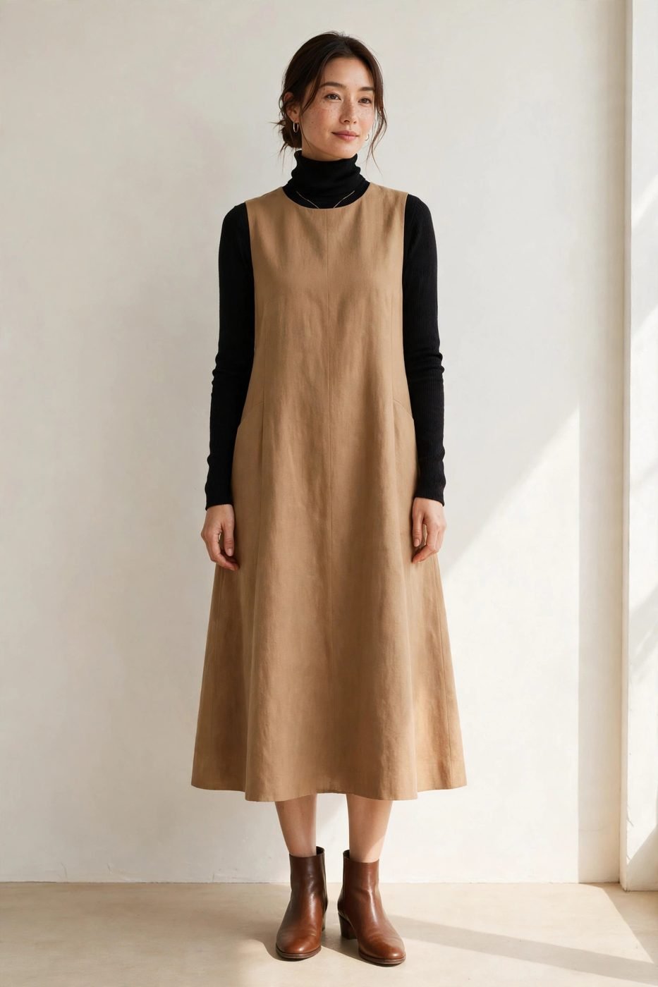 Camel A-line dress with turtleneck