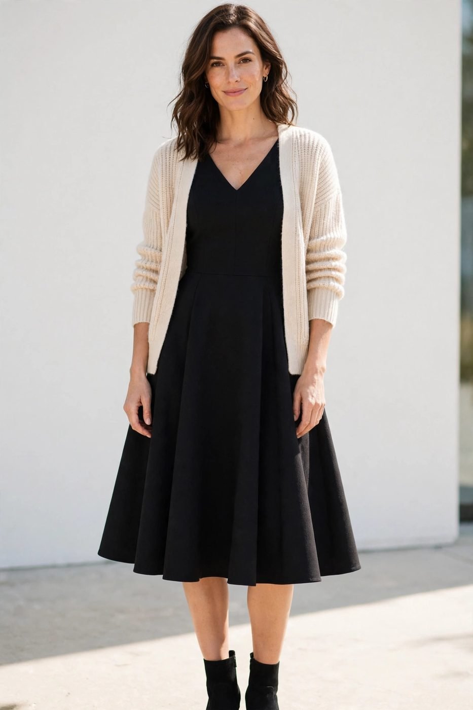 Black fit-and-flare dress with cardigan