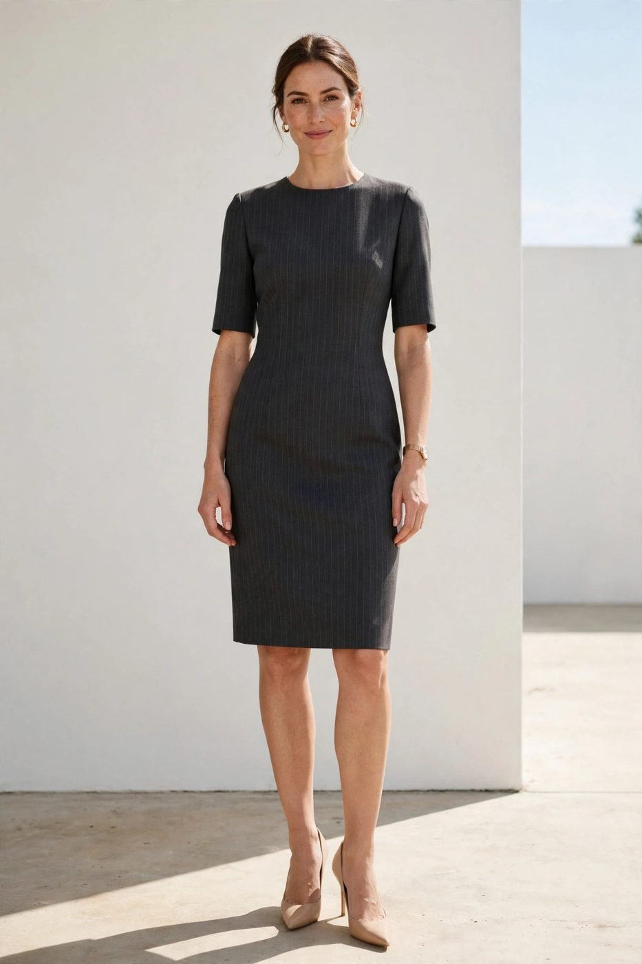Charcoal pinstripe sheath dress