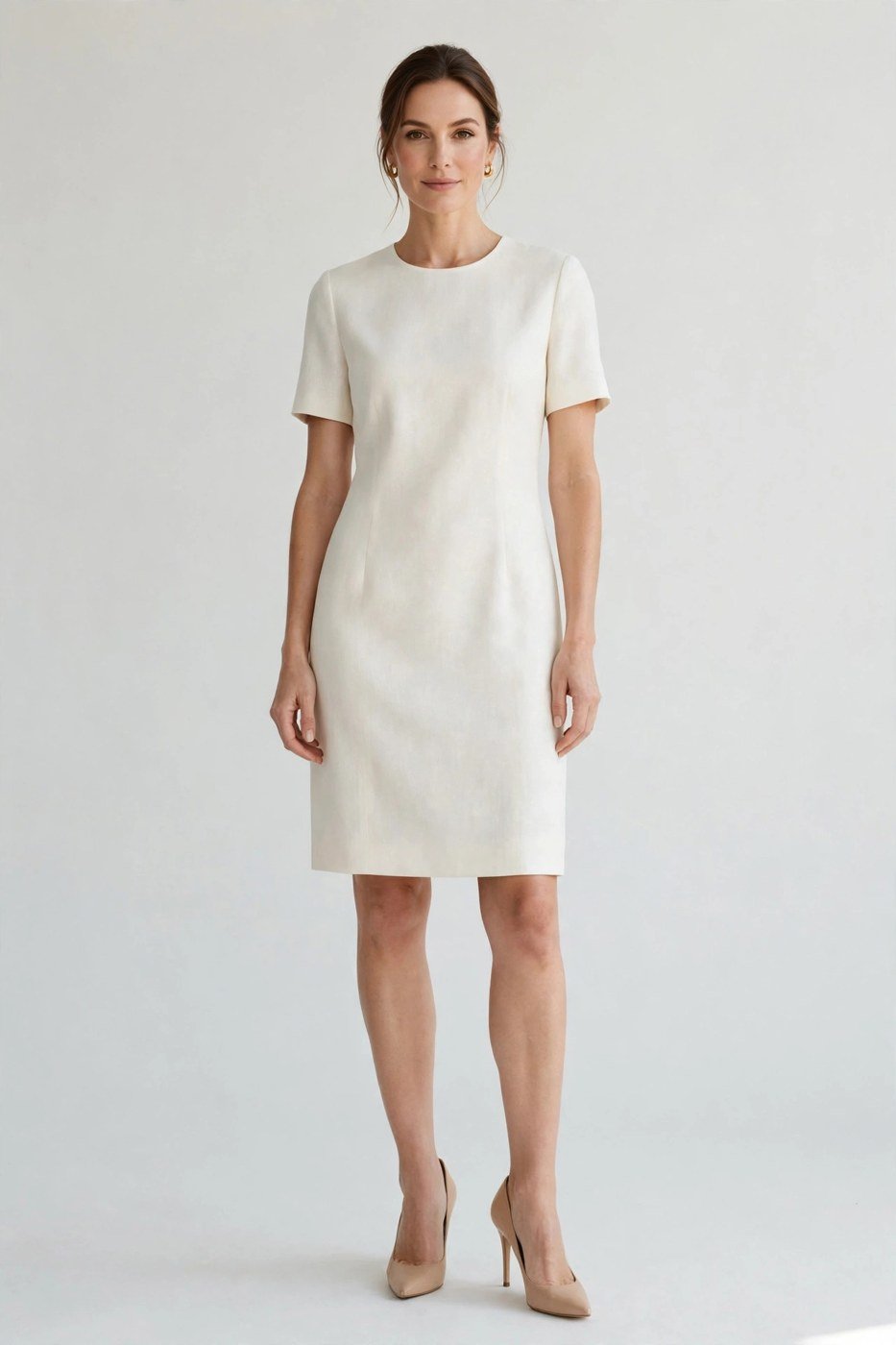 Ivory shift dress with nude heels