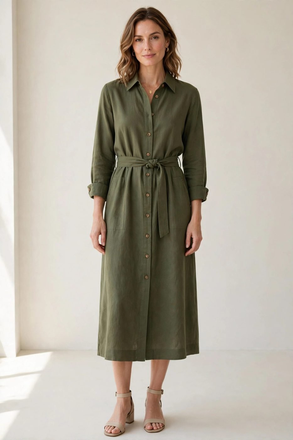 Olive midi shirt dress with belt
