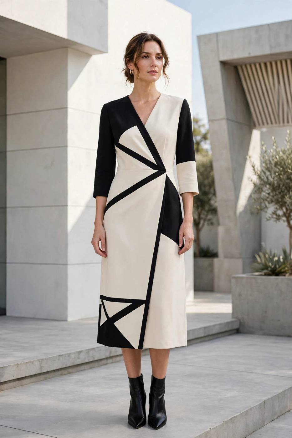 Cream and black colorblock dress