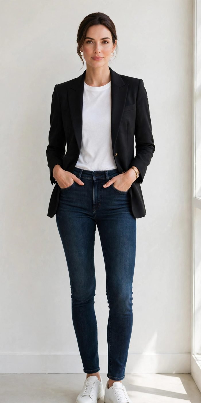Dark-wash skinny jeans with blazer
