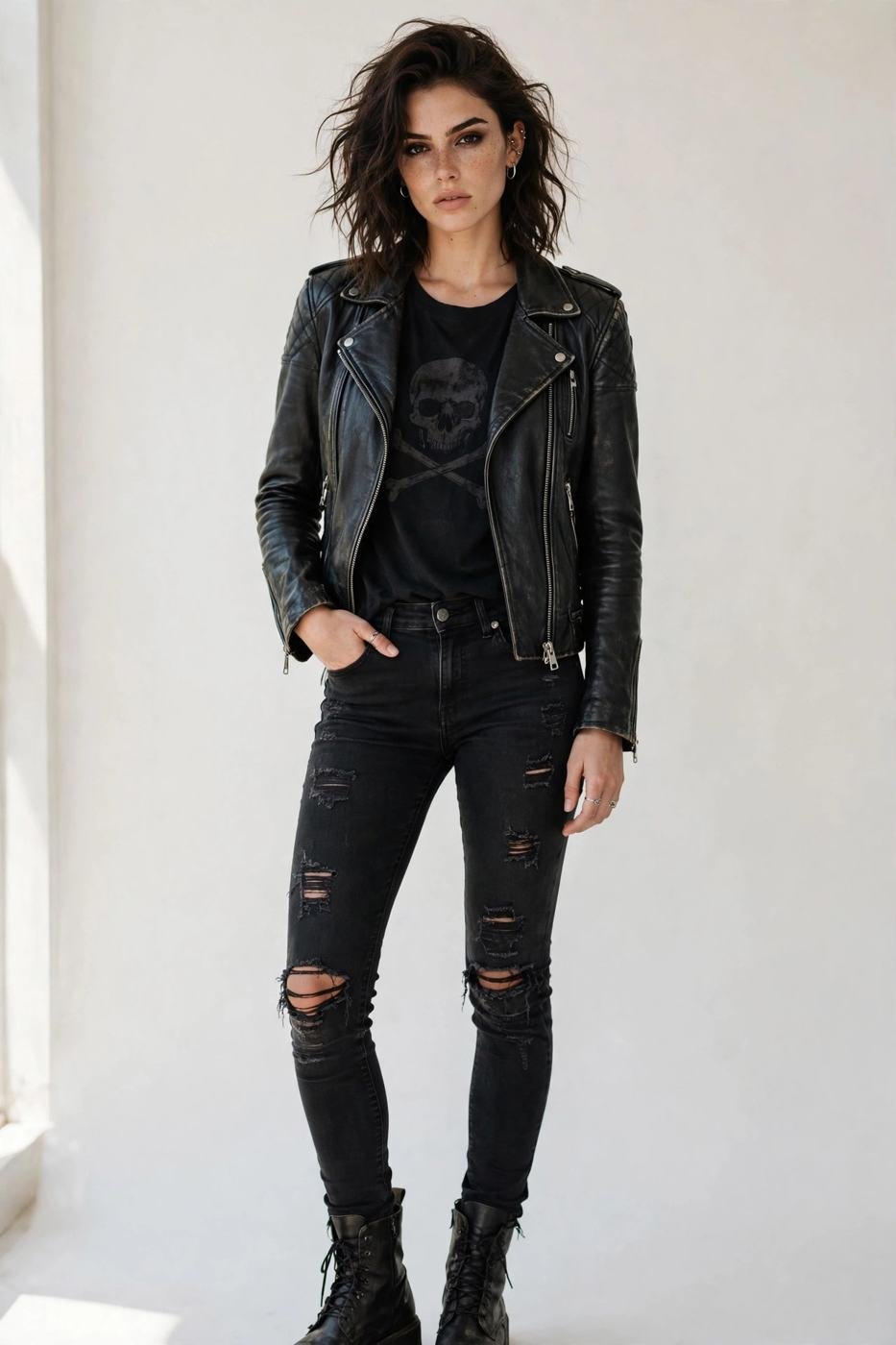 Black ripped skinny jeans with leather jacket