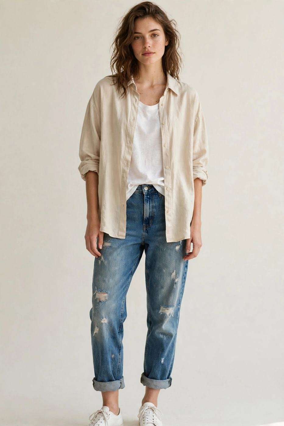 Distressed boyfriend jeans with oversized shirt