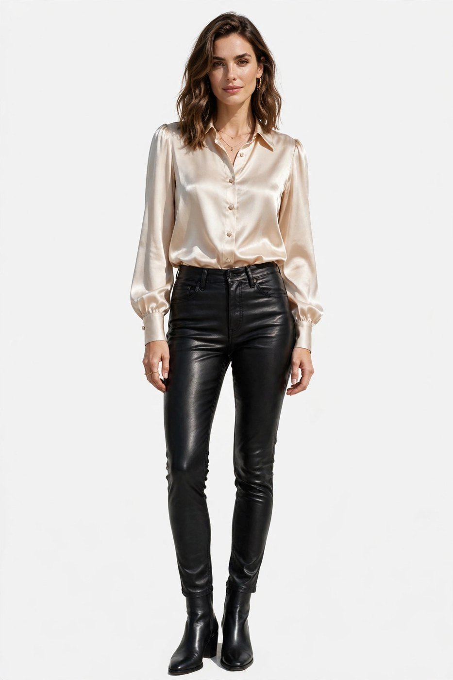 Black coated jeans with satin blouse