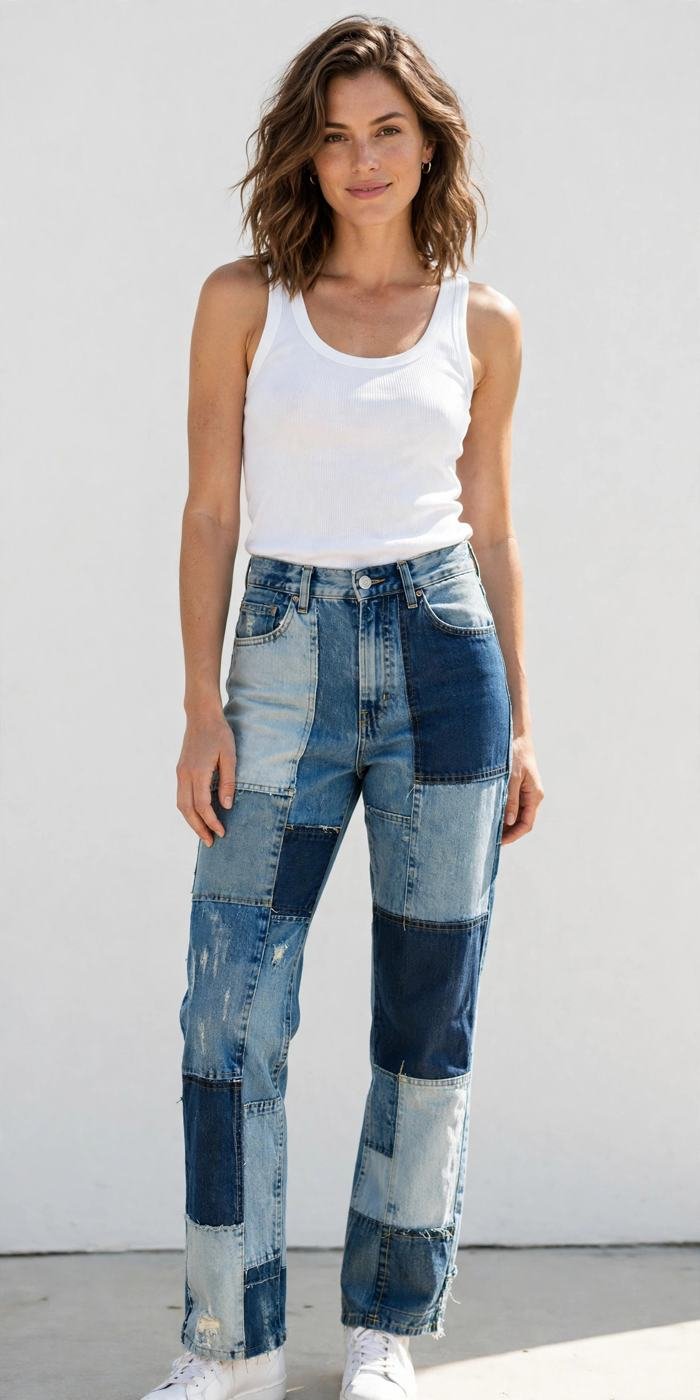 Patchwork jeans with simple tank
