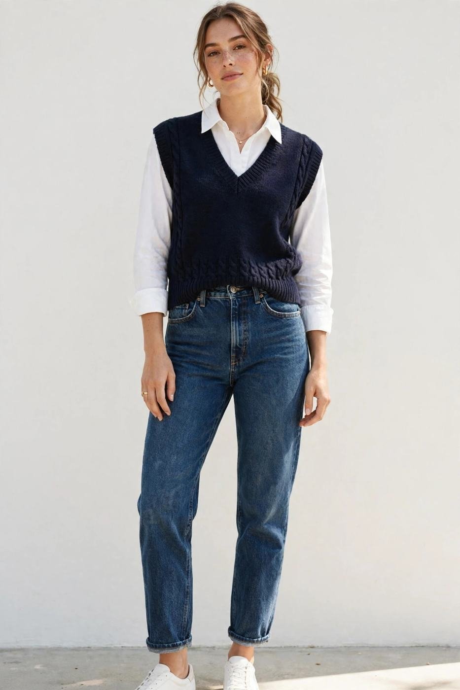 Dark-wash mom jeans with sweater vest